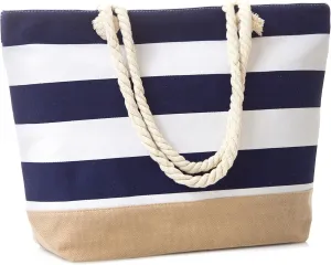 Canvas Tote Beach Bag, Water Resistant Shoulder Tote Bag (L20"xH15"xW6", Stripe Navy Blue)