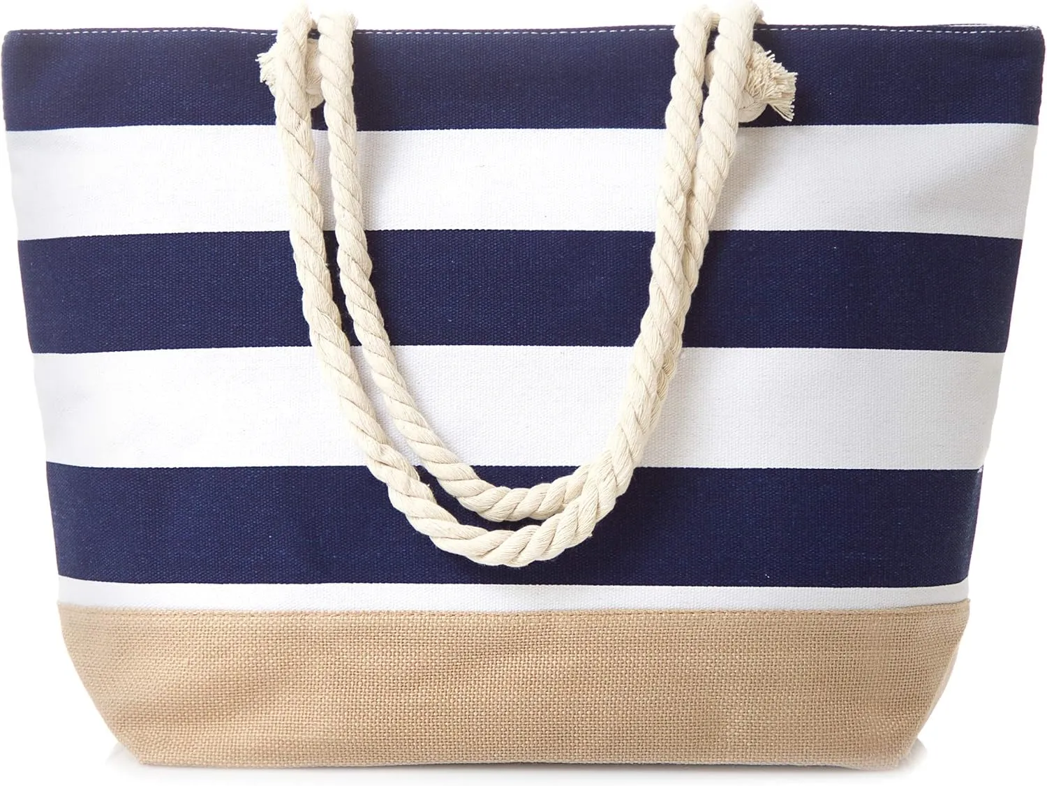 Canvas Tote Beach Bag, Water Resistant Shoulder Tote Bag (L20"xH15"xW6", Stripe Navy Blue)