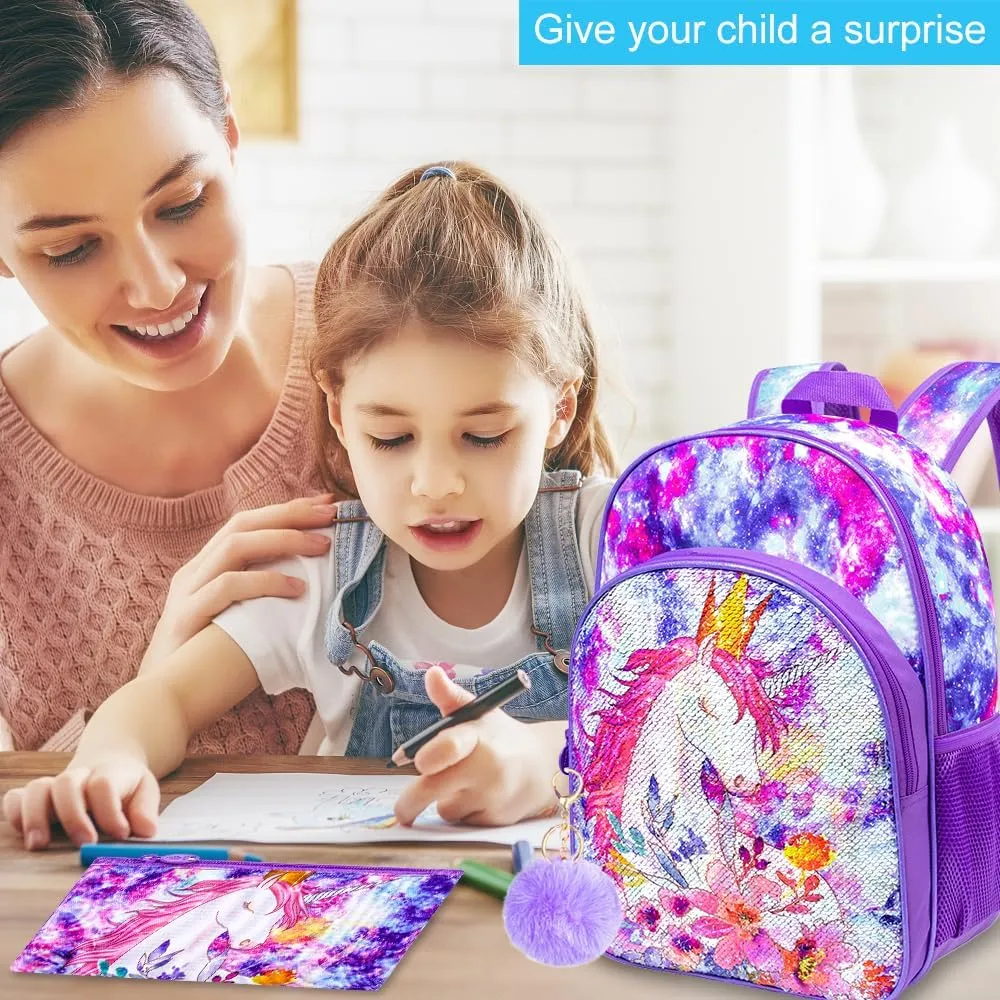 CCJPX 3PCS Girls Backpack, 16” Kids Unicorn Sequin Bookbag and Lunch Box for Kindergarten Elementary