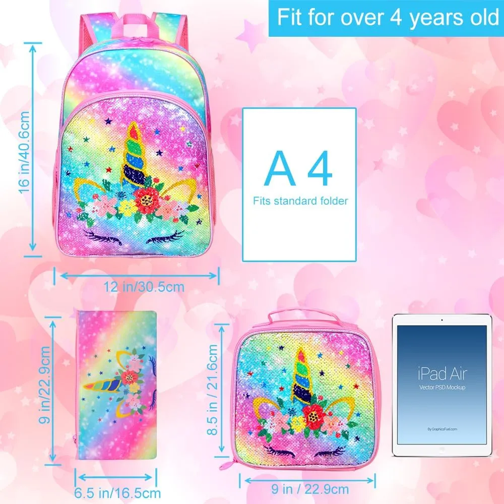 CCJPX 3PCS Unicorn Backpack for Girls, 16” Kids Sequin Bookbag and Lunch Box for Kindergarten Elementary