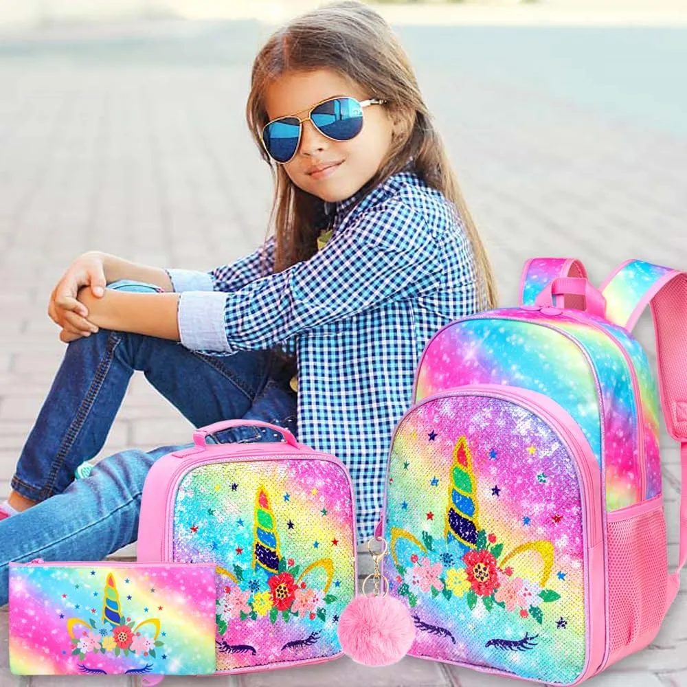 CCJPX 3PCS Unicorn Backpack for Girls, 16” Kids Sequin Bookbag and Lunch Box for Kindergarten Elementary