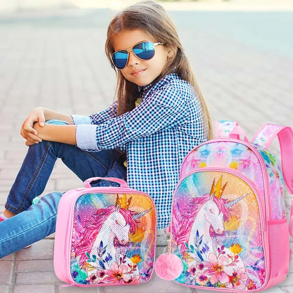 CCJPX 3PCS Unicorn Backpack for Girls, 16”Kids Preschool Sequin Bookbag and Lunch Box for Kindergarten Elementary