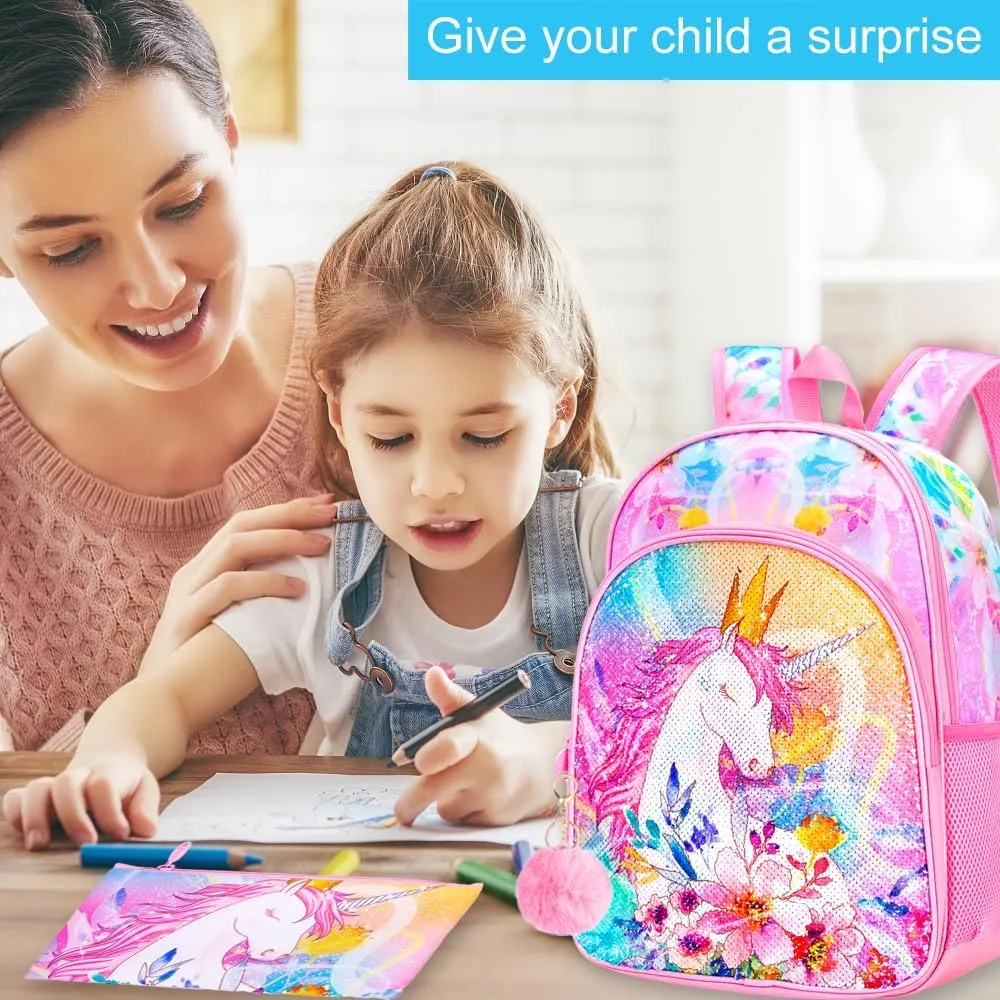 CCJPX 3PCS Unicorn Backpack for Girls, 16”Kids Preschool Sequin Bookbag and Lunch Box for Kindergarten Elementary