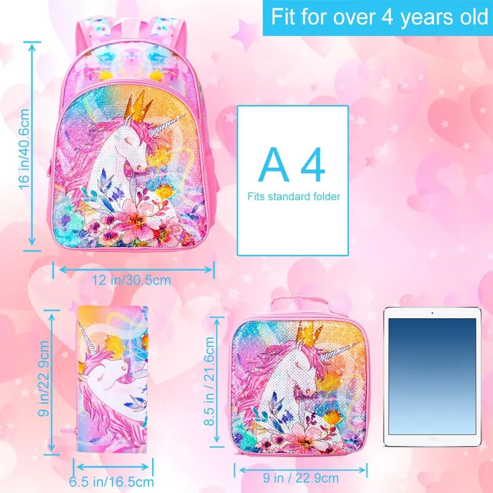 CCJPX 3PCS Unicorn Backpack for Girls, 16”Kids Preschool Sequin Bookbag and Lunch Box for Kindergarten Elementary