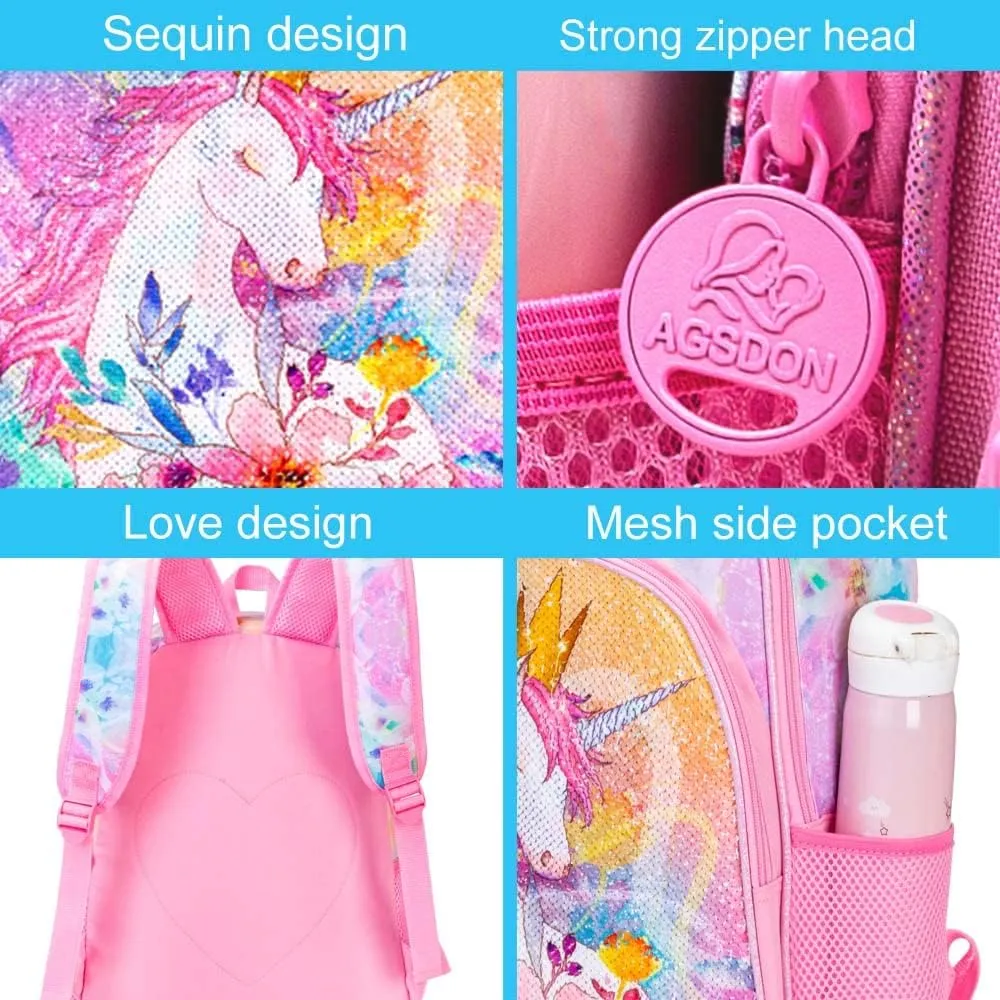 CCJPX 3PCS Unicorn Backpack for Girls, 16”Kids Preschool Sequin Bookbag and Lunch Box for Kindergarten Elementary