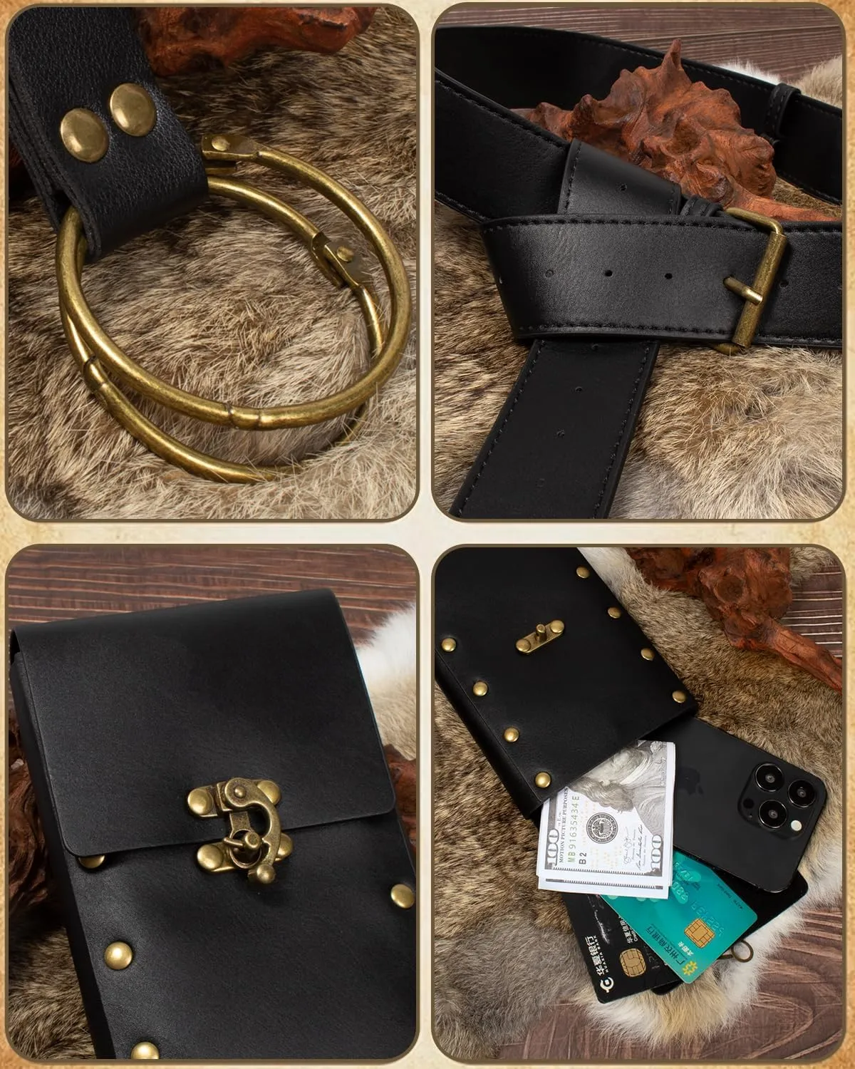 Cellphone Holder Retro Belt Pouch Waist Bag Fanny Pack Steampunk Medieval Renaissance Purse Halloween Costume Accessory (1-Black)