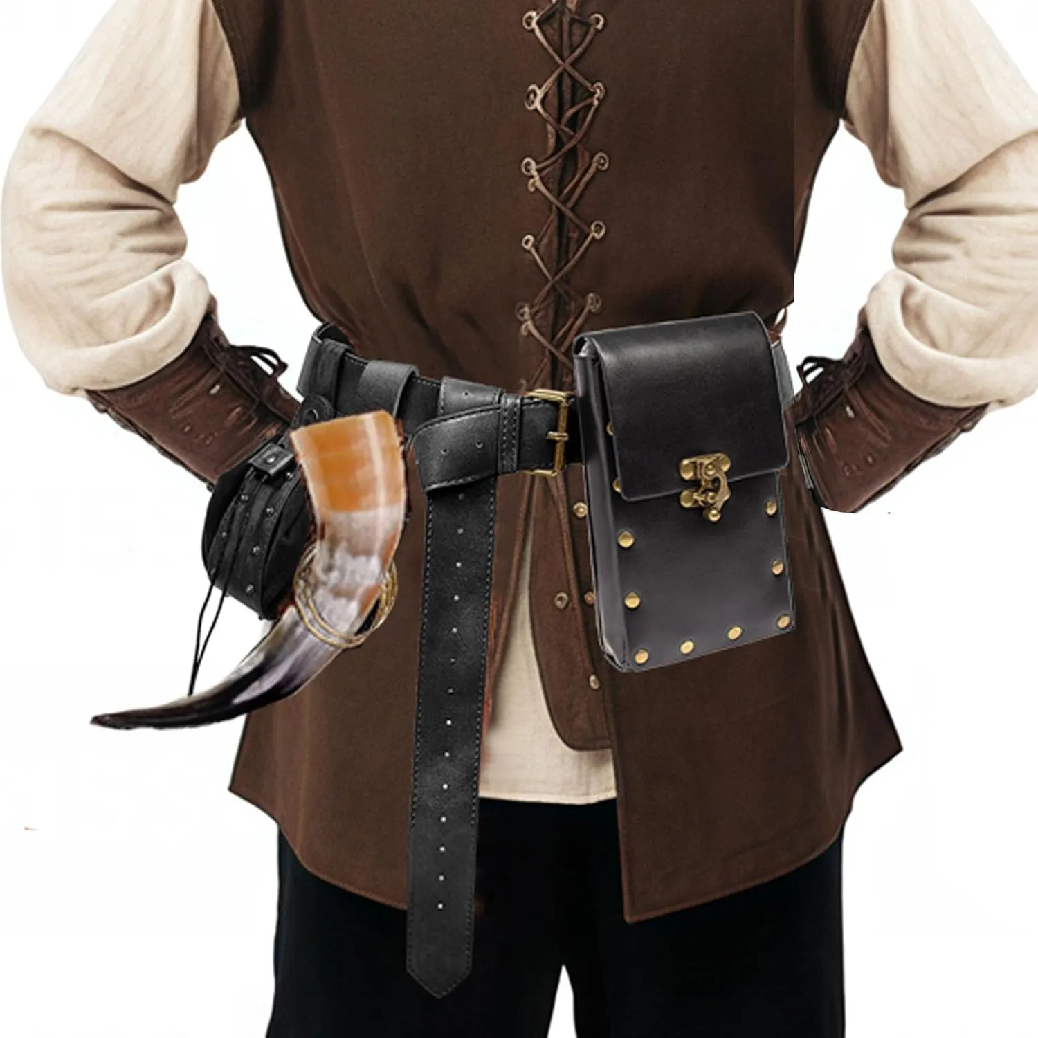 Cellphone Holder Retro Belt Pouch Waist Bag Fanny Pack Steampunk Medieval Renaissance Purse Halloween Costume Accessory (2Pouch-Black)