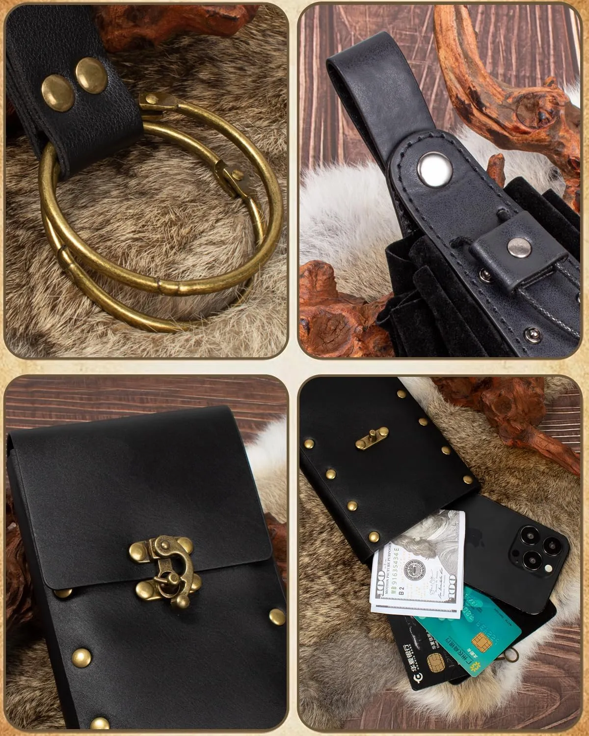 Cellphone Holder Retro Belt Pouch Waist Bag Fanny Pack Steampunk Medieval Renaissance Purse Halloween Costume Accessory (2Pouch-Black)