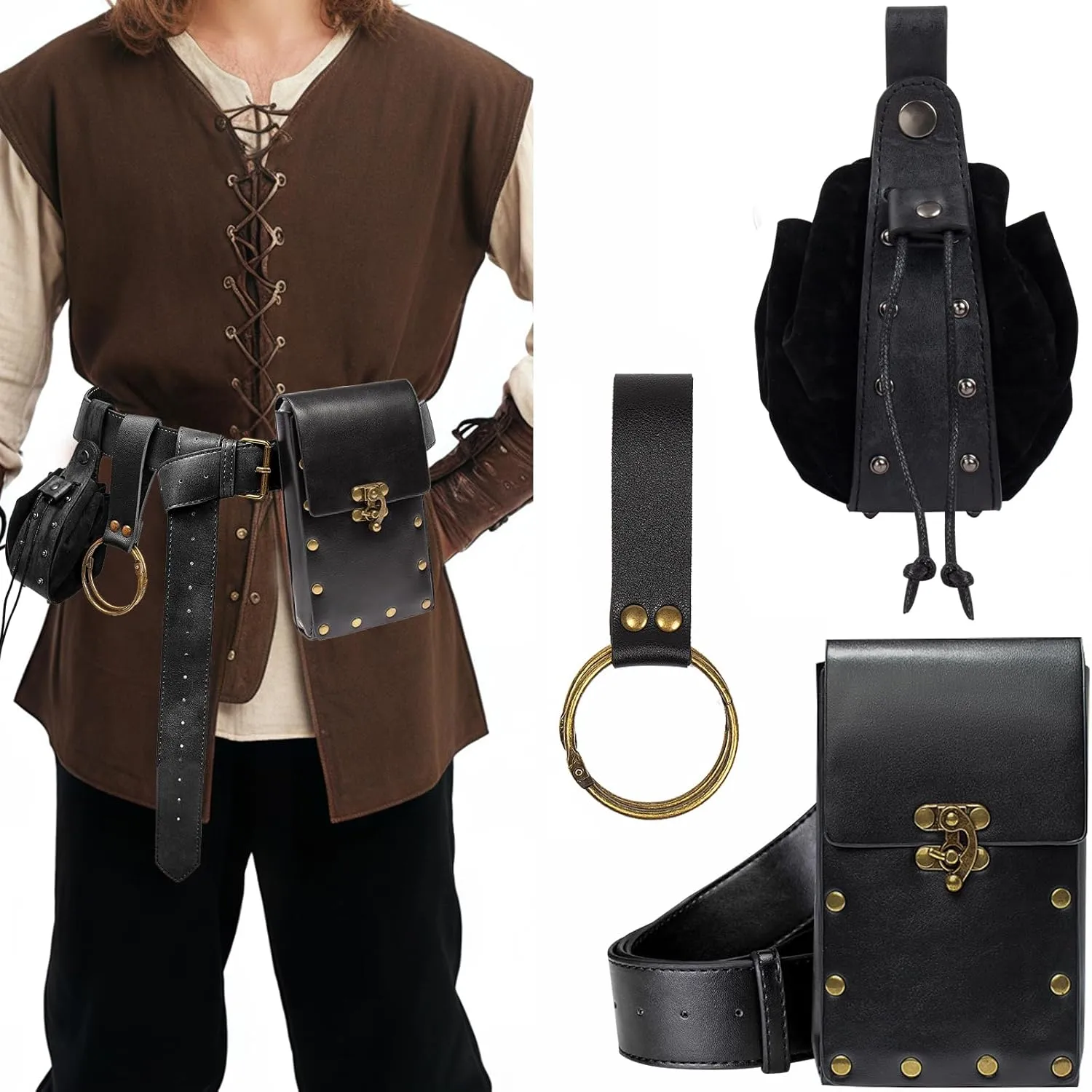 Cellphone Holder Retro Belt Pouch Waist Bag Fanny Pack Steampunk Medieval Renaissance Purse Halloween Costume Accessory (2Pouch-Black)