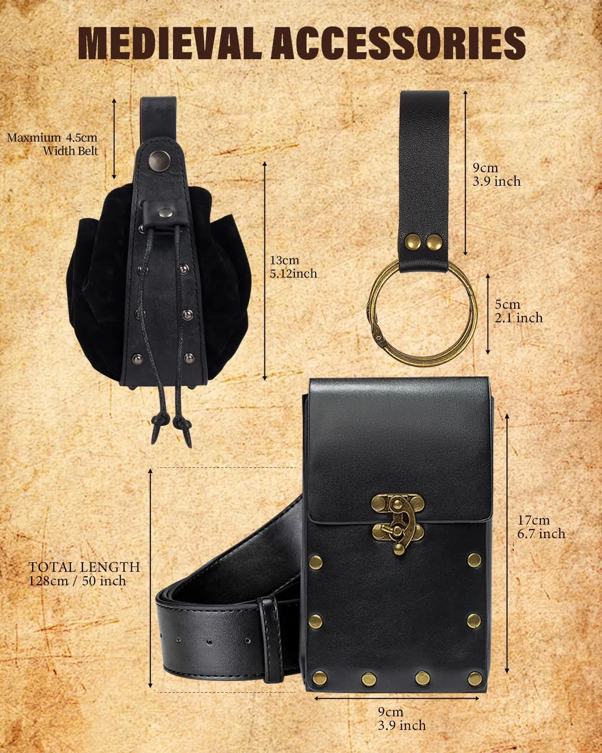 Cellphone Holder Retro Belt Pouch Waist Bag Fanny Pack Steampunk Medieval Renaissance Purse Halloween Costume Accessory (2Pouch-Black)