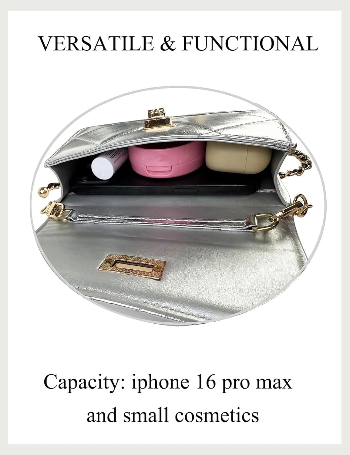 Chain Belt Bag Adjustable Crossbody Purse Trendy Fanny Packs for Women Fashion Silver Evening Clutch Handbag Detachable