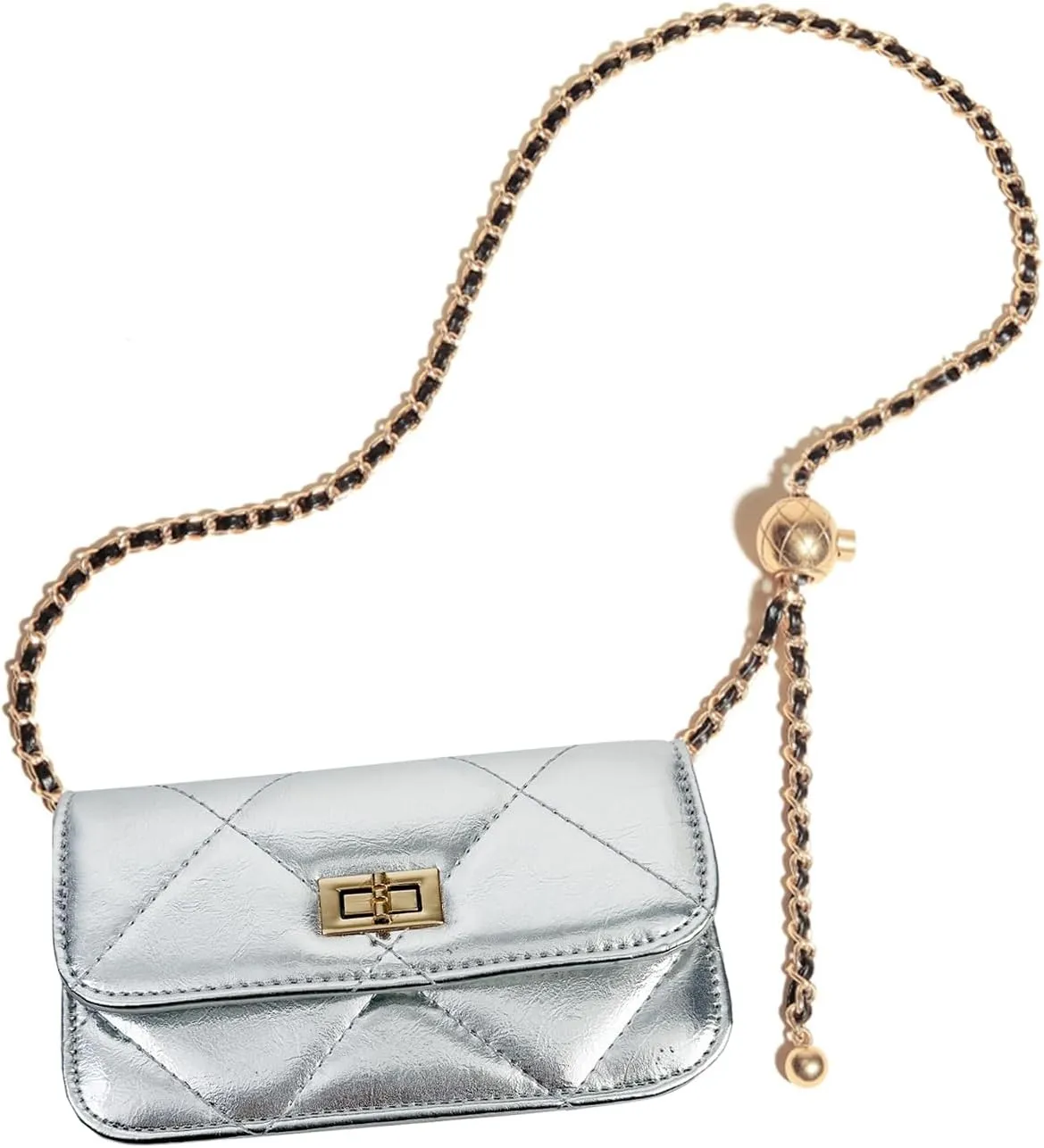 Chain Belt Bag Adjustable Crossbody Purse Trendy Fanny Packs for Women Fashion Silver Evening Clutch Handbag Detachable