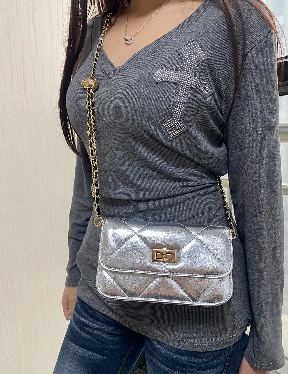 Chain Belt Bag Adjustable Crossbody Purse Trendy Fanny Packs for Women Fashion Silver Evening Clutch Handbag Detachable