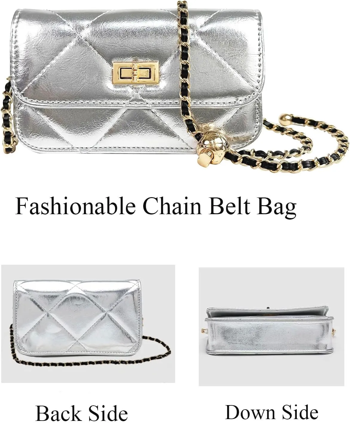 Chain Belt Bag Adjustable Crossbody Purse Trendy Fanny Packs for Women Fashion Silver Evening Clutch Handbag Detachable
