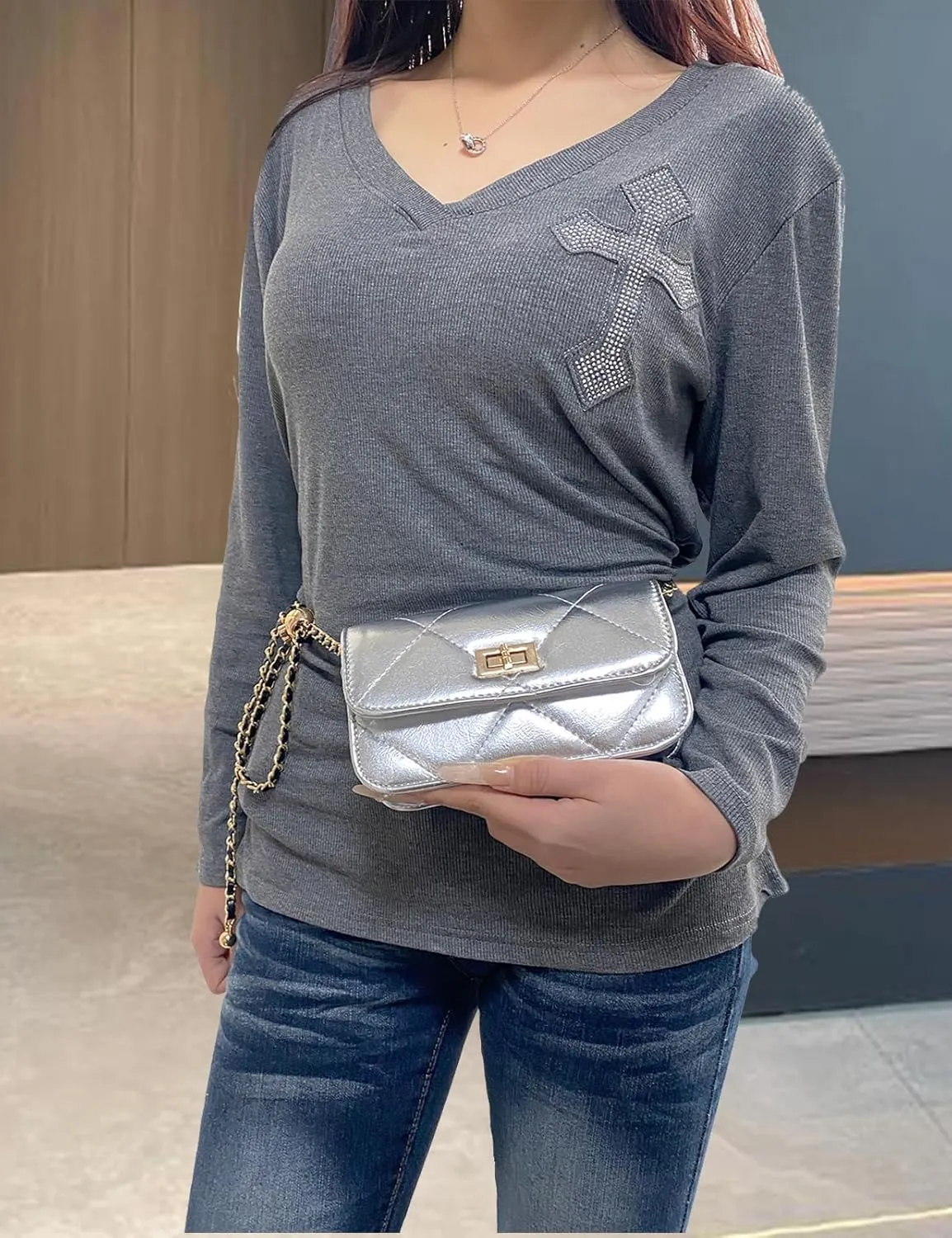 Chain Belt Bag Adjustable Crossbody Purse Trendy Fanny Packs for Women Fashion Silver Evening Clutch Handbag Detachable