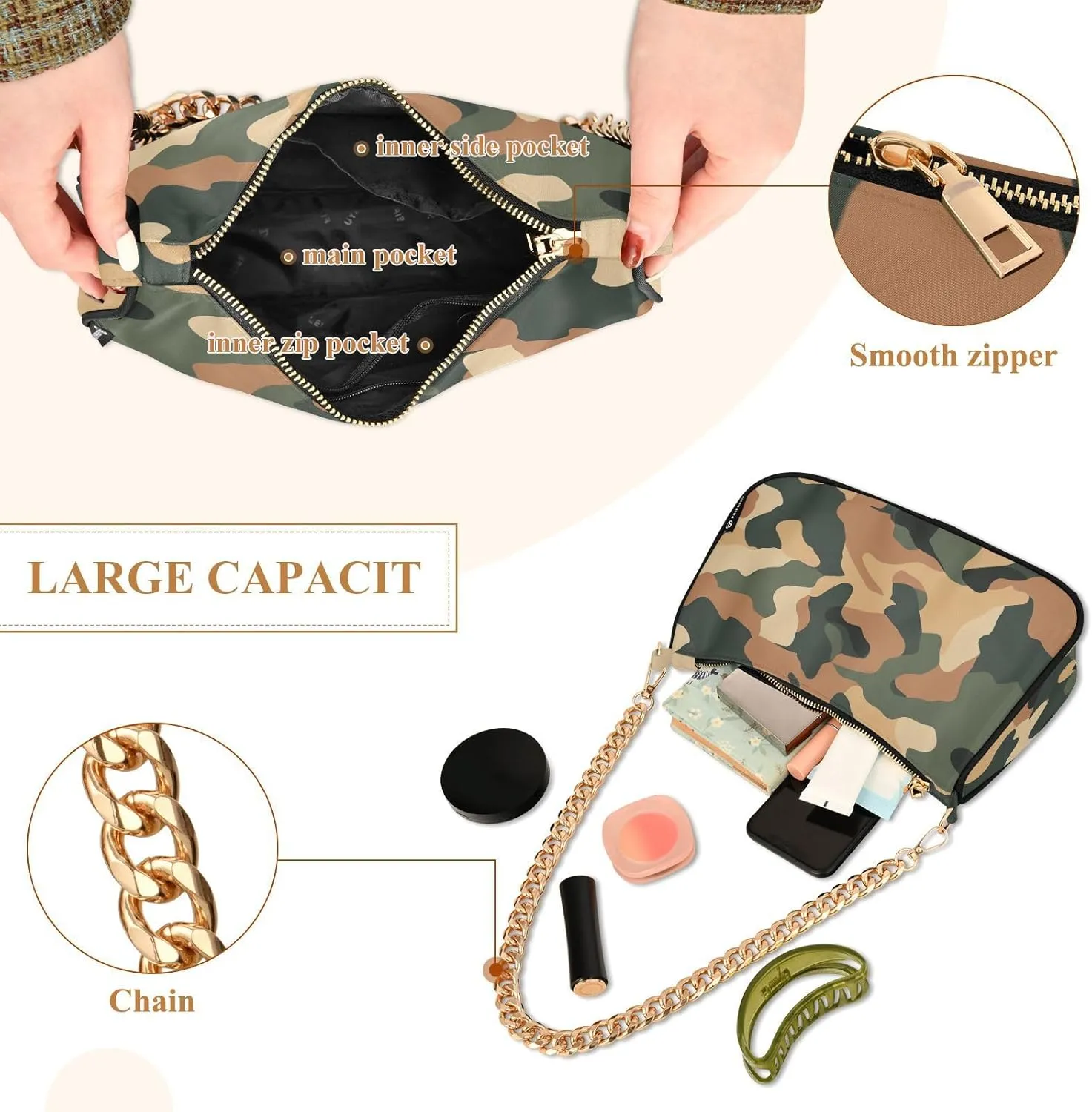 Chain Shoulder Purse Bag with Zipper Pocket for Women Mini Small Hobo Tote Clutch Handbags with Gold Chain Strap