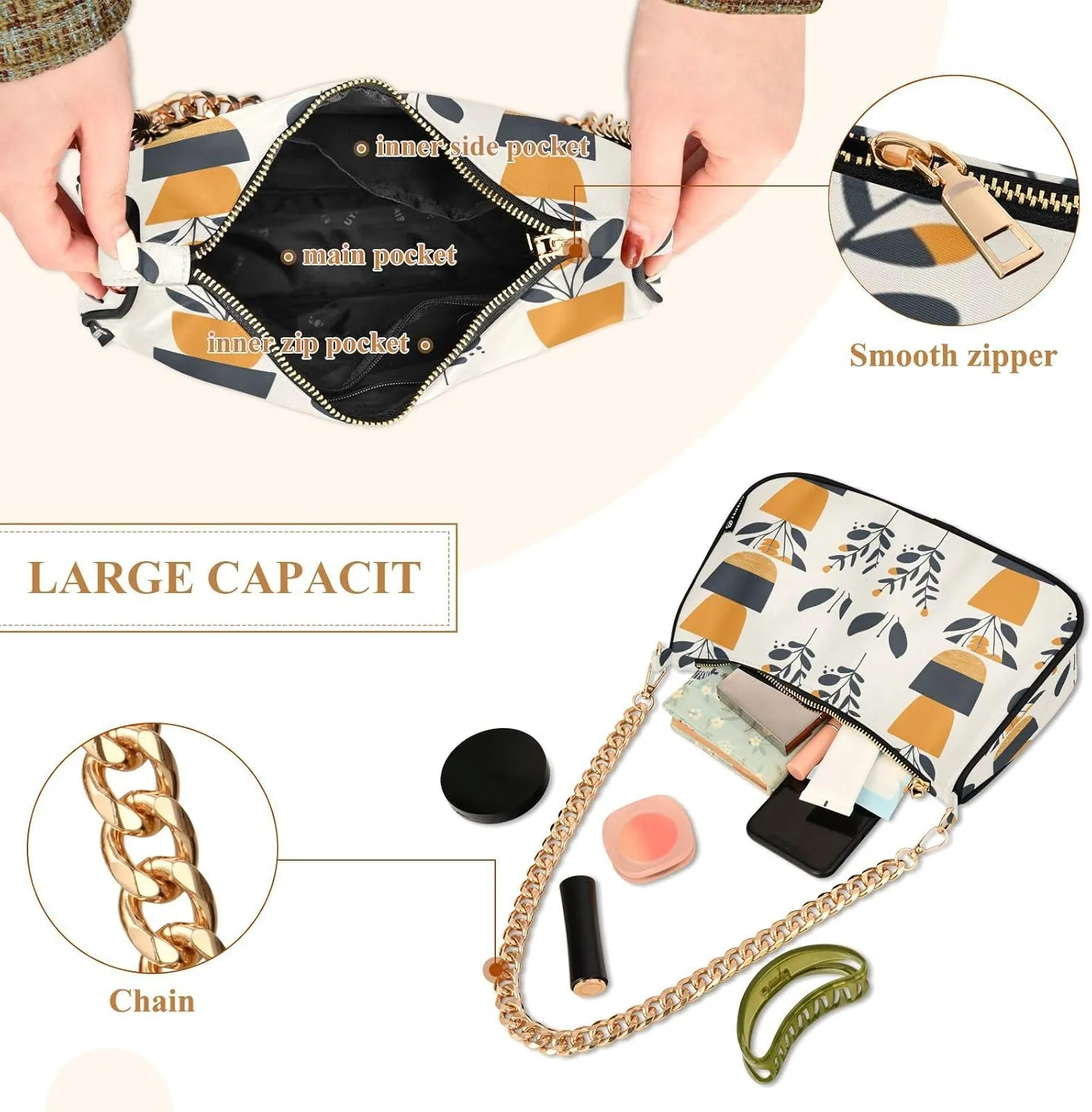 Chain Shoulder Purse Bag with Zipper Pocket for Women Mini Small Hobo Tote Clutch Handbags with Gold Chain Strap