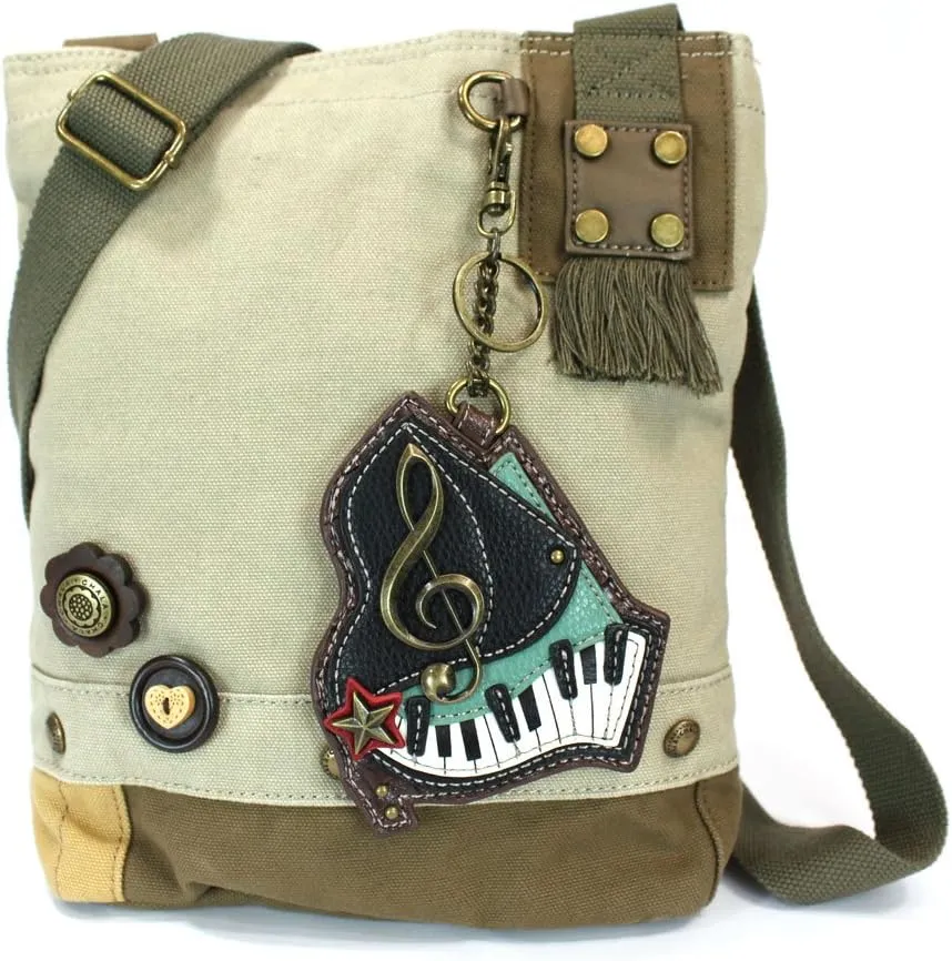 CHALA Canvas Cotton Cross-body Tote Bags with Grand Piano Key Fob/Coin Purse -6 Colors