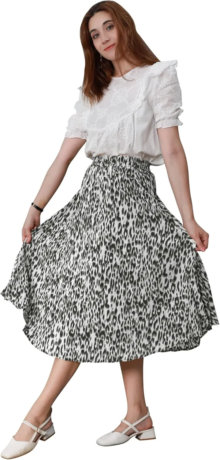 CHARTOU Womens Chic Elastic High Waisted A Line Leopard Print Pleated Shirring Midi-Long Skirt