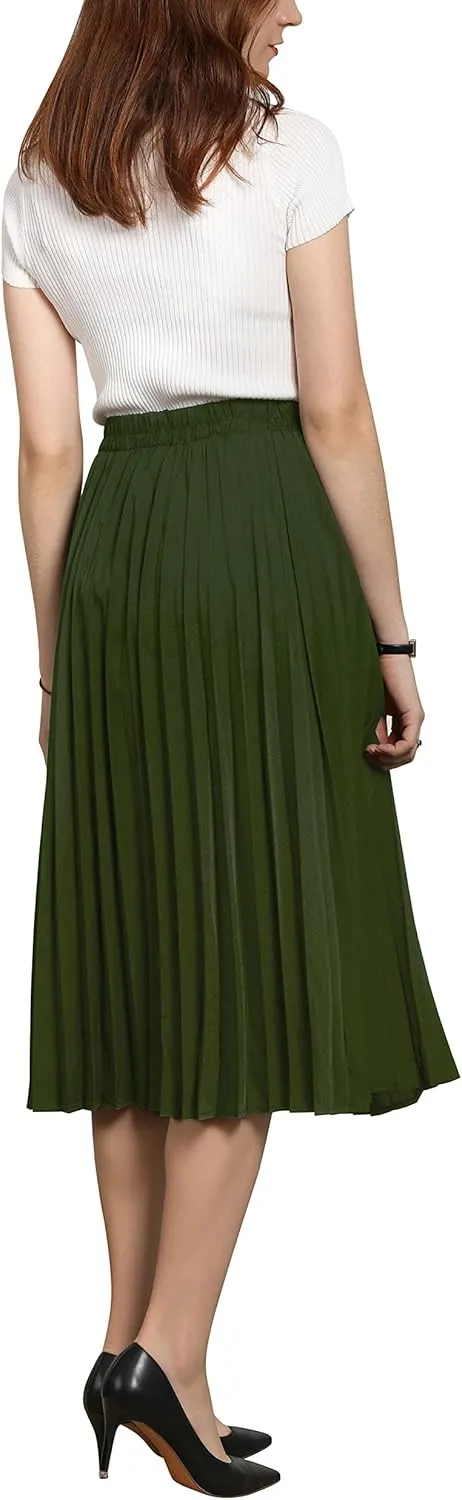 CHARTOU Womens Chic Elastic High Waisted A Line Leopard Print Pleated Shirring Midi-Long Skirt