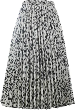 CHARTOU Womens Chic Elastic High Waisted A Line Leopard Print Pleated Shirring Midi-Long Skirt