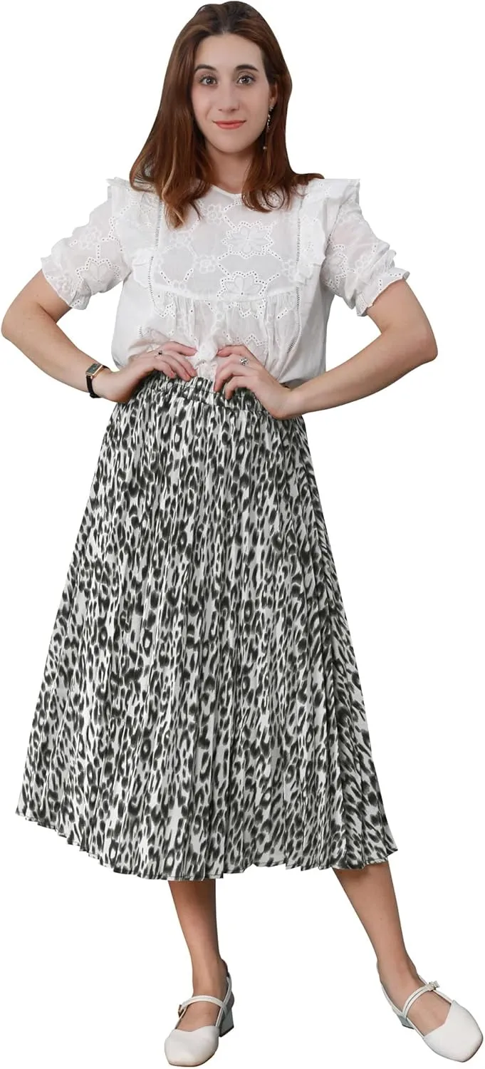 CHARTOU Womens Chic Elastic High Waisted A Line Leopard Print Pleated Shirring Midi-Long Skirt