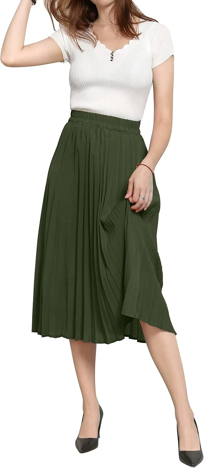 CHARTOU Womens Chic Elastic High Waisted A Line Leopard Print Pleated Shirring Midi-Long Skirt