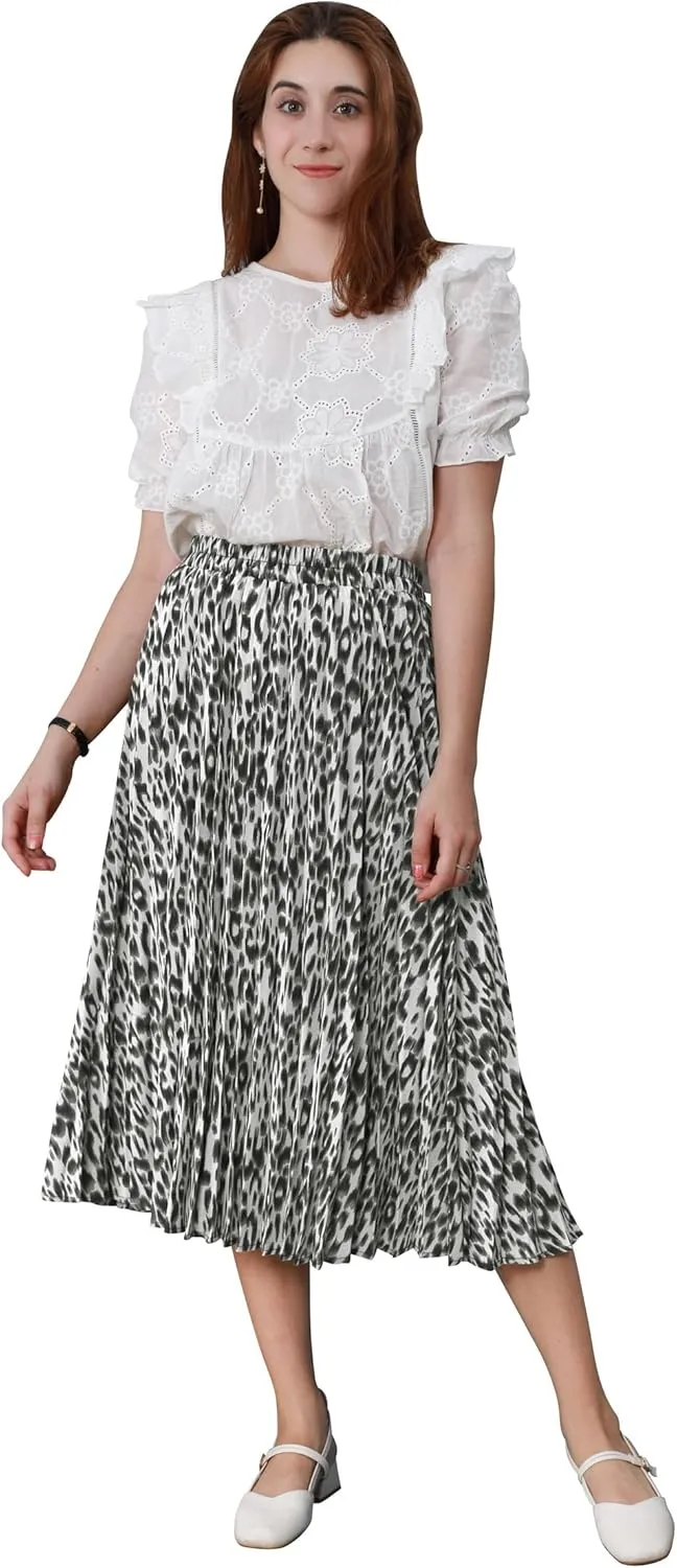 CHARTOU Womens Chic Elastic High Waisted A Line Leopard Print Pleated Shirring Midi-Long Skirt