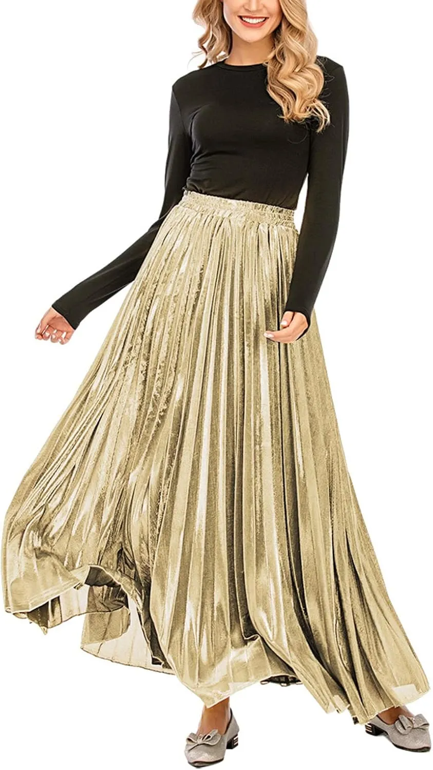 CHARTOU Women's Premium Metallic Shiny Shimmer Accordion Pleated Long Maxi Skirt