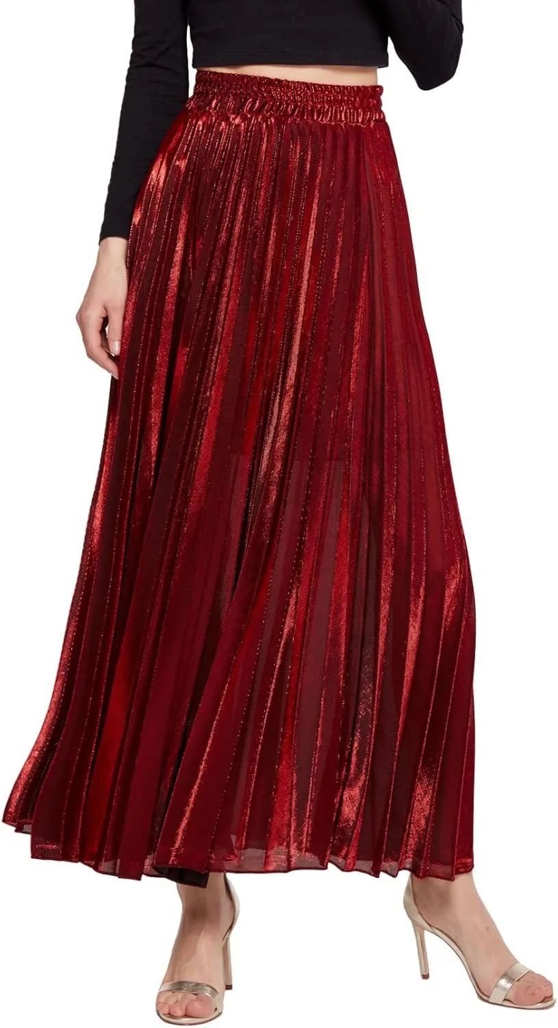 CHARTOU Women's Premium Metallic Shiny Shimmer Accordion Pleated Long Maxi Skirt