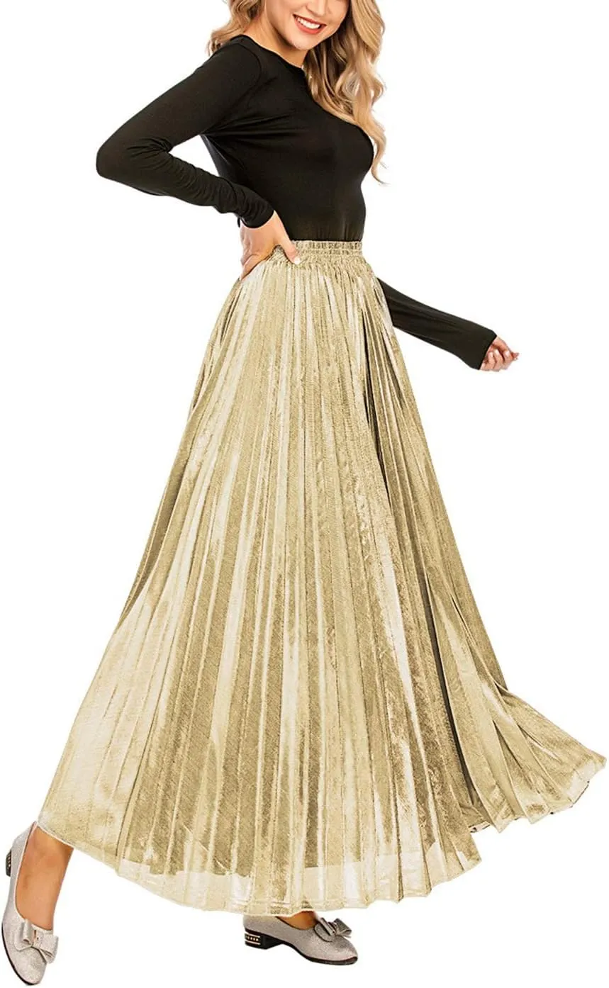 CHARTOU Women's Premium Metallic Shiny Shimmer Accordion Pleated Long Maxi Skirt