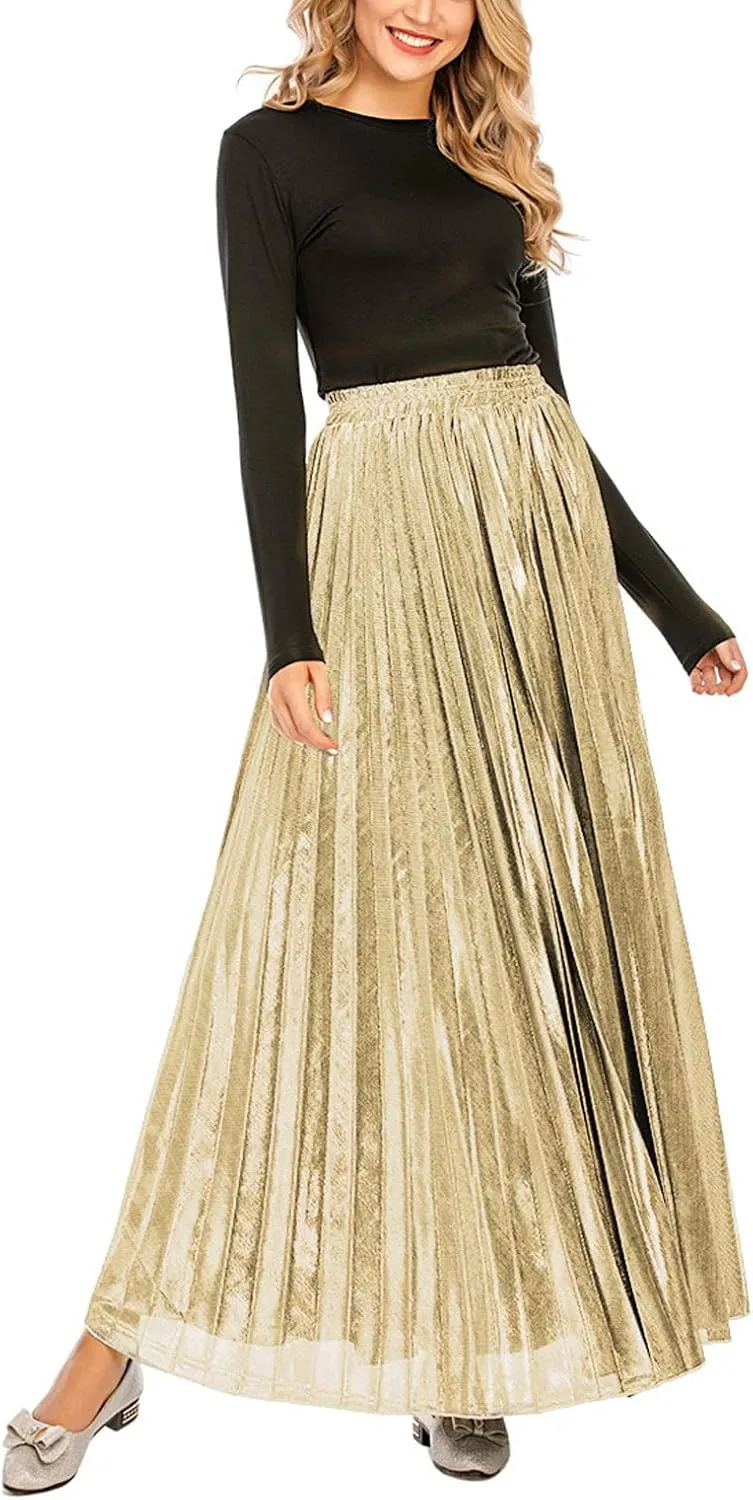 CHARTOU Women's Premium Metallic Shiny Shimmer Accordion Pleated Long Maxi Skirt