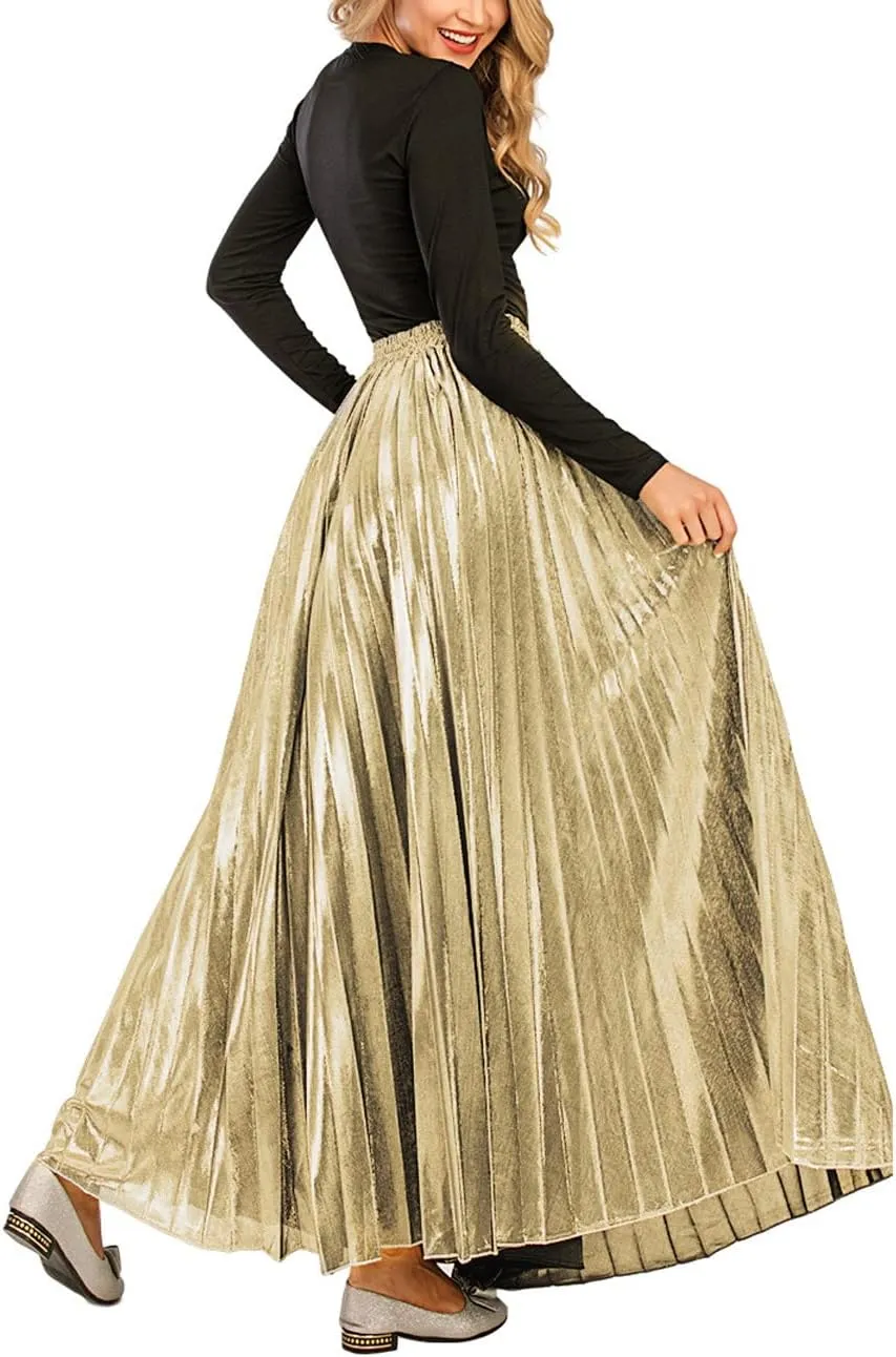 CHARTOU Women's Premium Metallic Shiny Shimmer Accordion Pleated Long Maxi Skirt