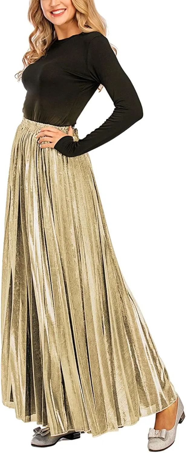 CHARTOU Women's Premium Metallic Shiny Shimmer Accordion Pleated Long Maxi Skirt