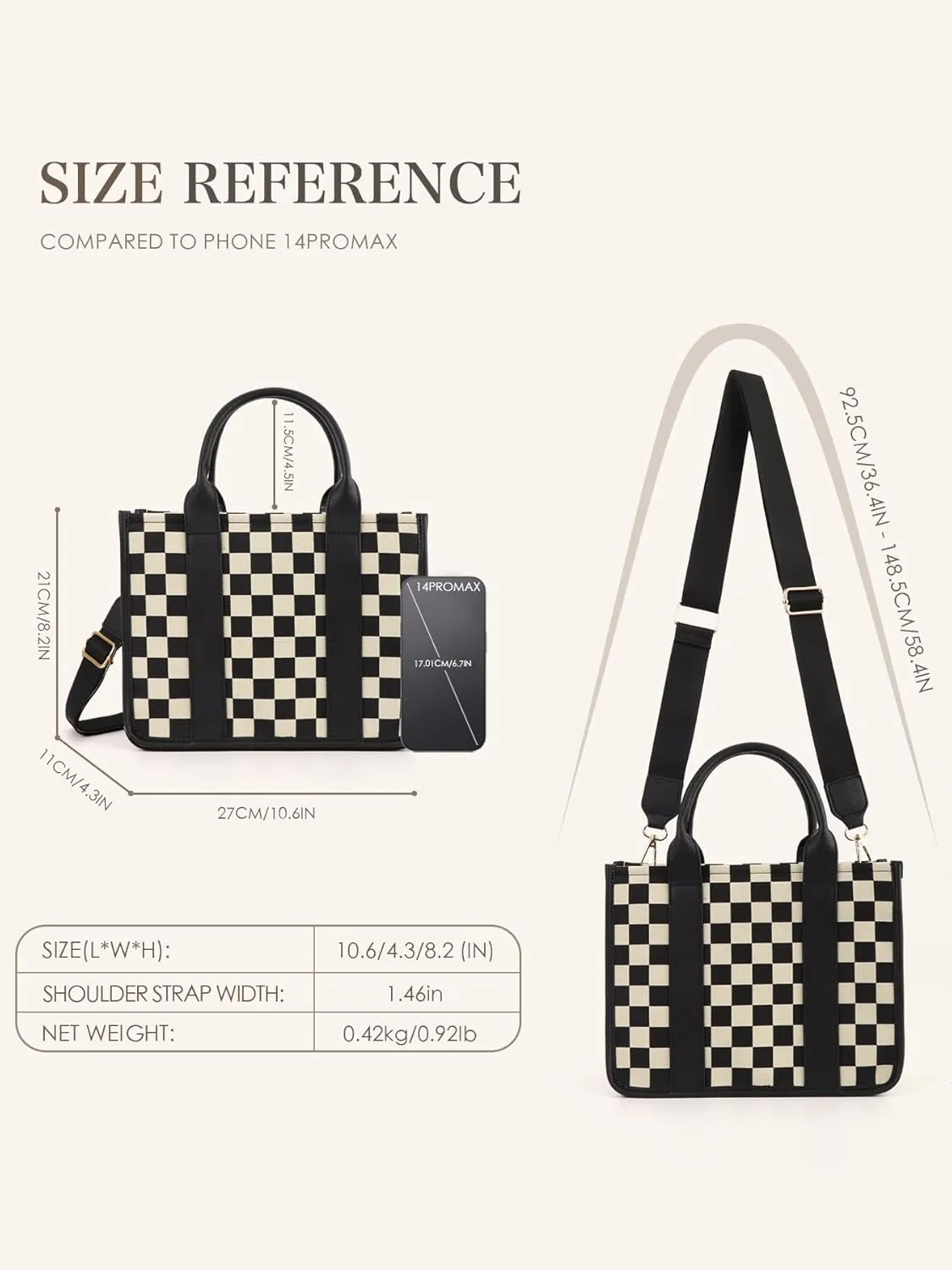Checkered Tote Bag for Women,Canvas Crossbody Bag,Top Handle Purse Black and White Checkered Shoulder Bag