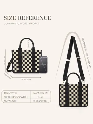 Checkered Tote Bag for Women,Canvas Crossbody Bag,Top Handle Purse Black and White Checkered Shoulder Bag