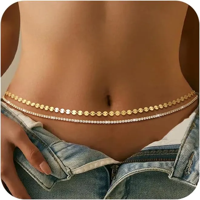 CHESKY Waist Chain, 14K Gold Plated Body Chains Jewelry for Women Dainty Sexy Waist Beads Waterproof Belly Chain Gold Chain Belt Adjustable CZ Cuban Coin Beach Jewelry for Women Gifts