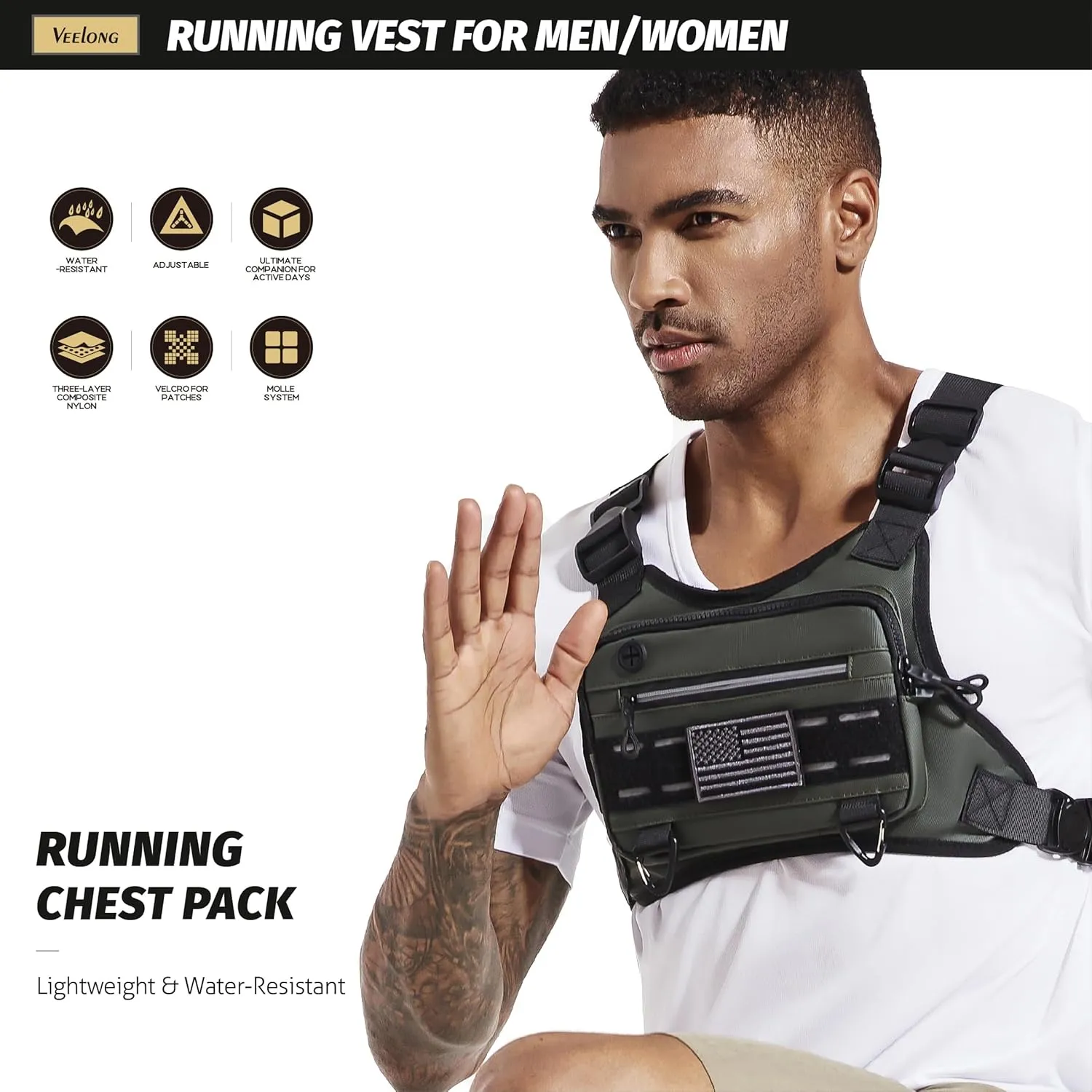 Chest Bag for Men Women, Water-resistant Running Vest with Phone Holder, EDC Tactical Chest Bag for Workouts