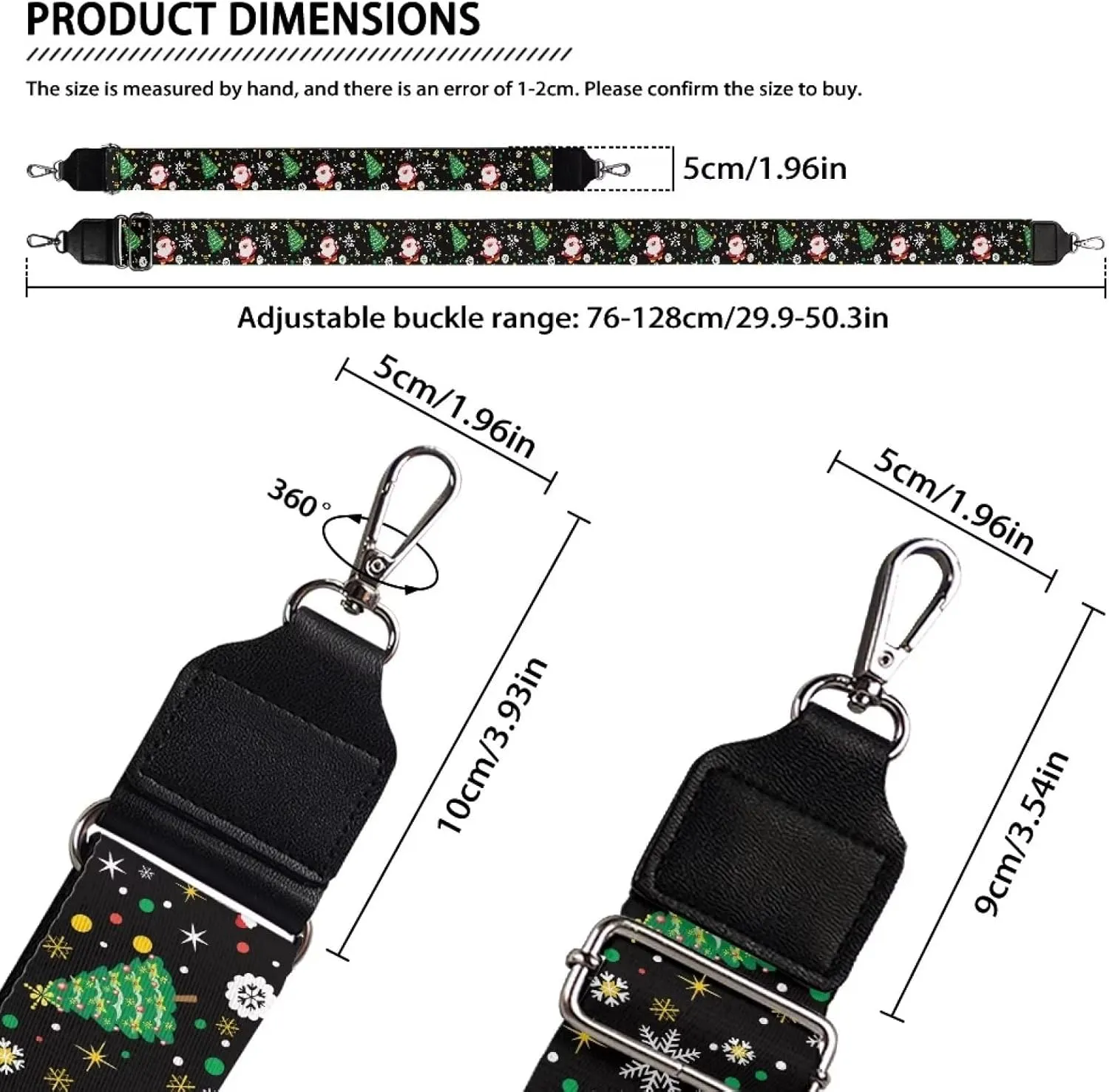 Christmas Tree Snowflake Crossbody Bag Strap with Santa Claus Print, Women's Handbag Accessories, Shoulder Bag Wide Canvas Adjustable 29.9-50.3 Inches