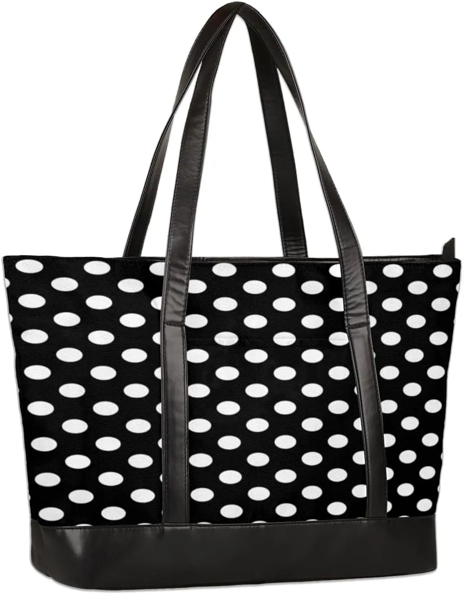 Classic Polka Dot Women's Laptop Tote Bag Black White Casual Teacher Handbag Work Bag for Laptop Computer Up to 15.6 inch