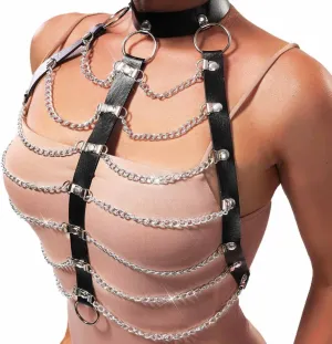 CLOACE Punk Layered Body Chain Black Belt Leather Chest Chain Harness Choker Chain Body Jewelry Accessories for Women