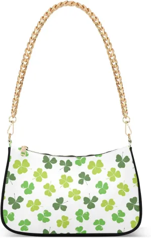 Clover Leaf Doodle St Patrick's Day Shoulder Handbags for Women Travel Hobo Tote Handbag Women Gold Chain Shoulder Bags Purse with Zipper Closure