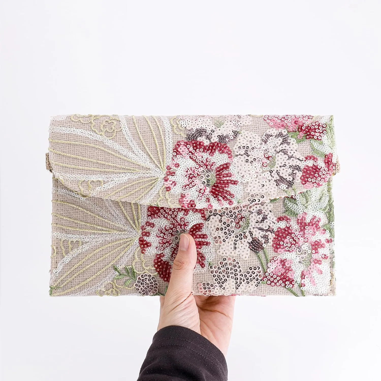Clutch Purses for Women, Envelope Package, Sequin Embroidered Flowers Straw Bag, Bohemian Handmade Handbags