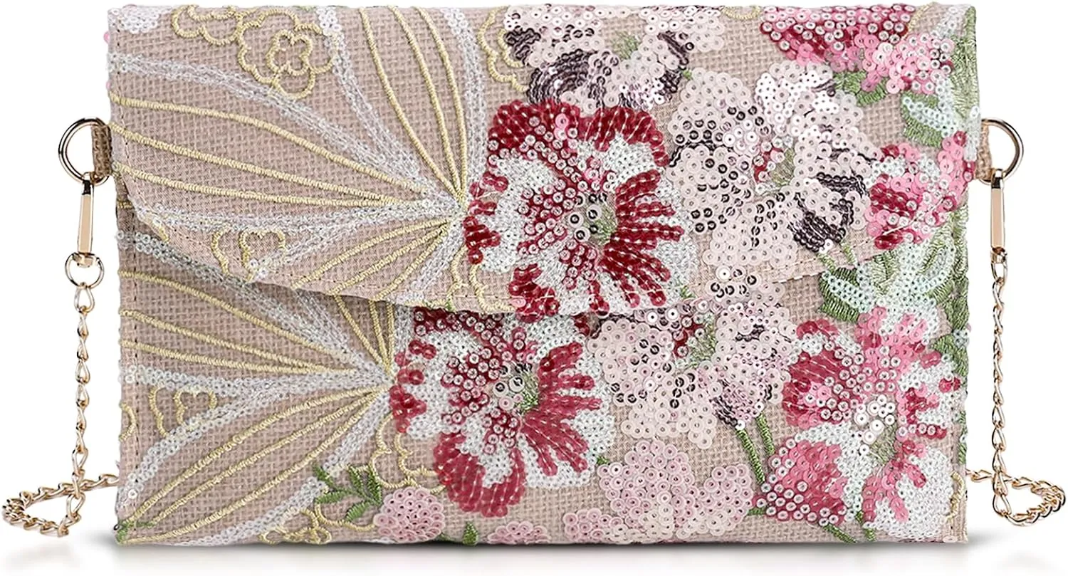 Clutch Purses for Women, Envelope Package, Sequin Embroidered Flowers Straw Bag, Bohemian Handmade Handbags