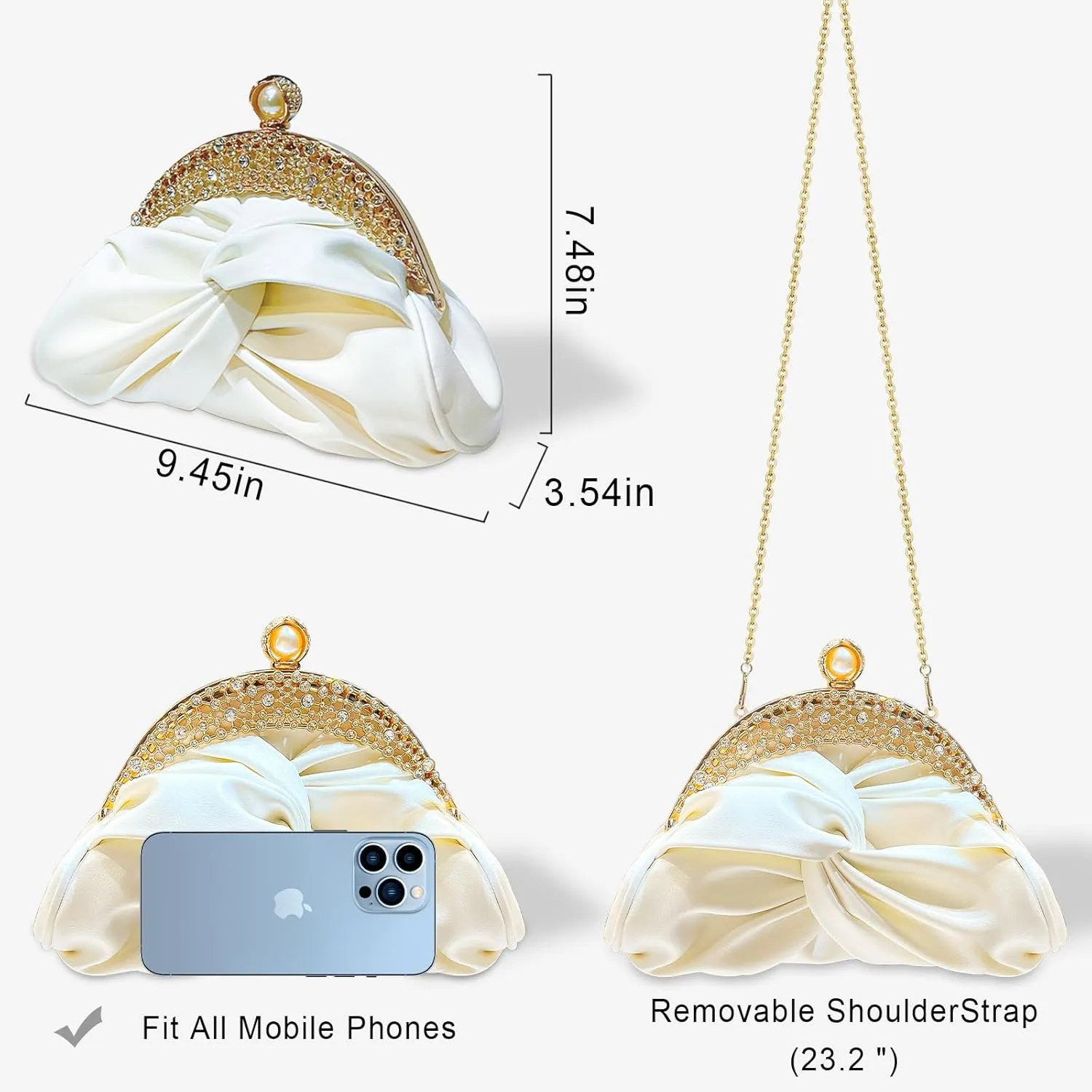 Clutch Purses for Women Evening Clutch Pearl Bag Soft Leather Evening Handbag Noble Crystal Beaded Wedding Clutch