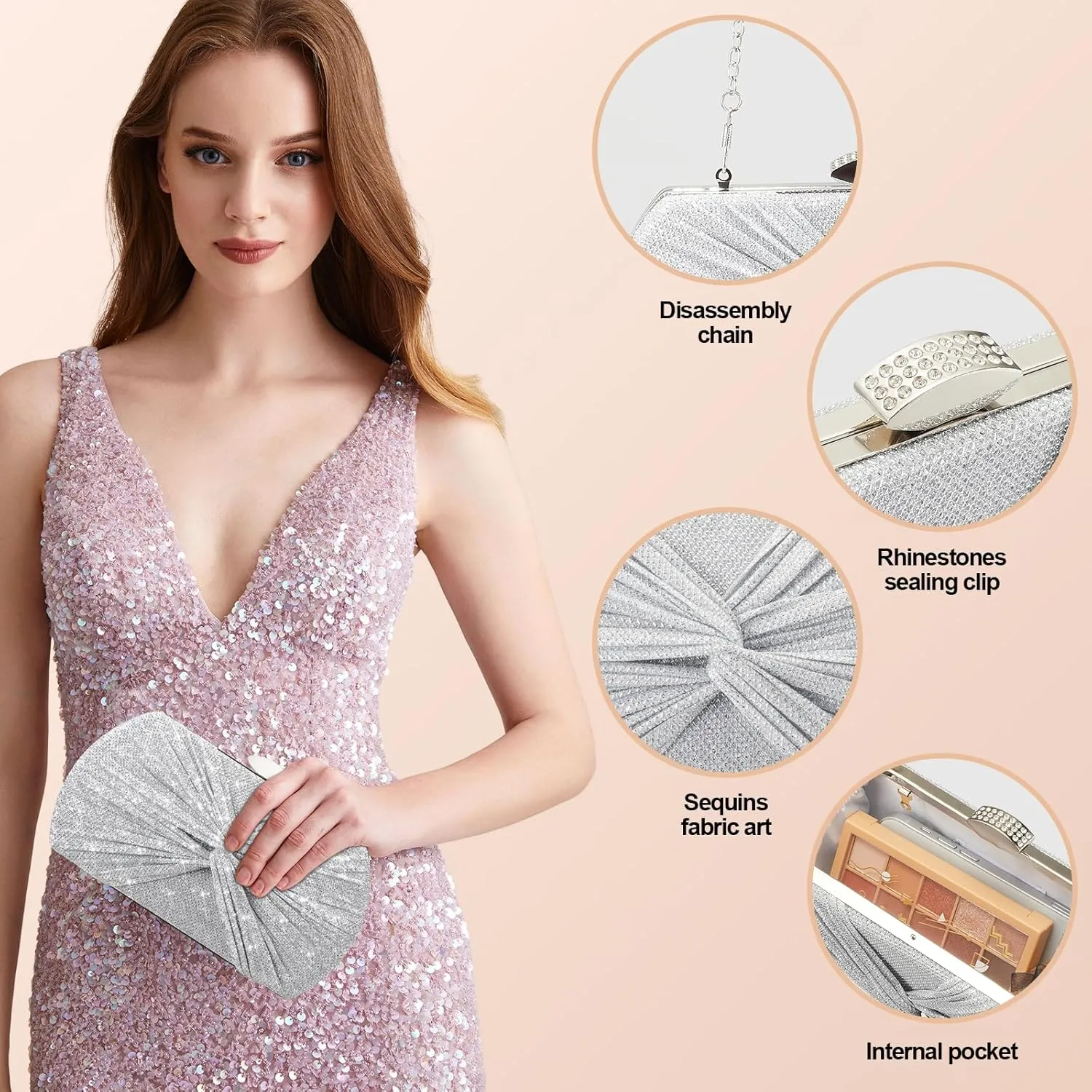 Clutch Purses for Women Wedding Evening Glitter Sparkly Handbags Party Purses for Women with Detachable Chain