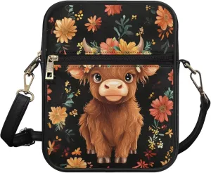 COEQINE Brown Messenger Bag for Women Cute Printed Leather Crossbody Bag Work Bag Vintage Multi-function