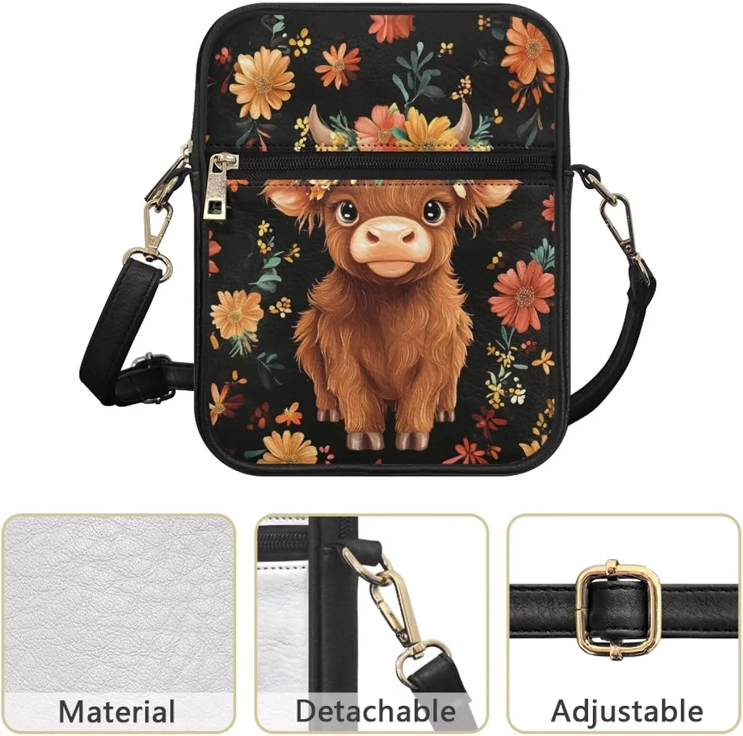 COEQINE Brown Messenger Bag for Women Cute Printed Leather Crossbody Bag Work Bag Vintage Multi-function
