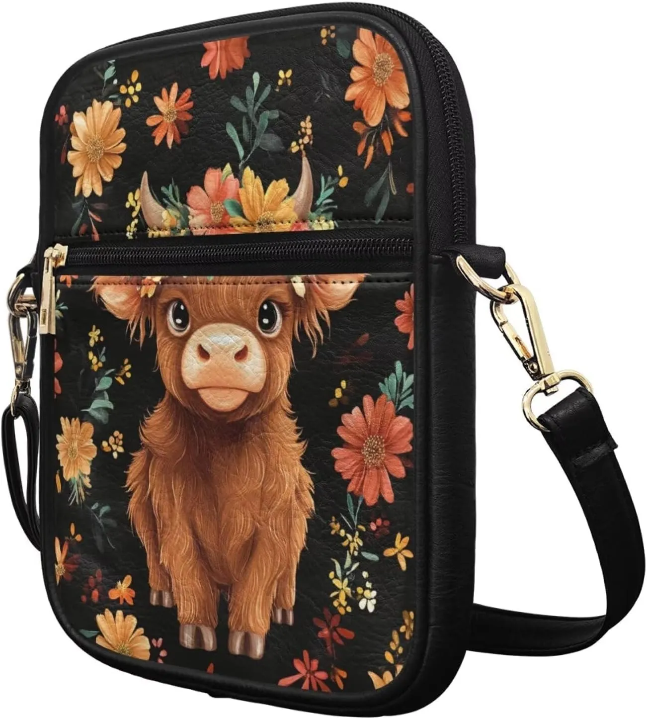 COEQINE Brown Messenger Bag for Women Cute Printed Leather Crossbody Bag Work Bag Vintage Multi-function