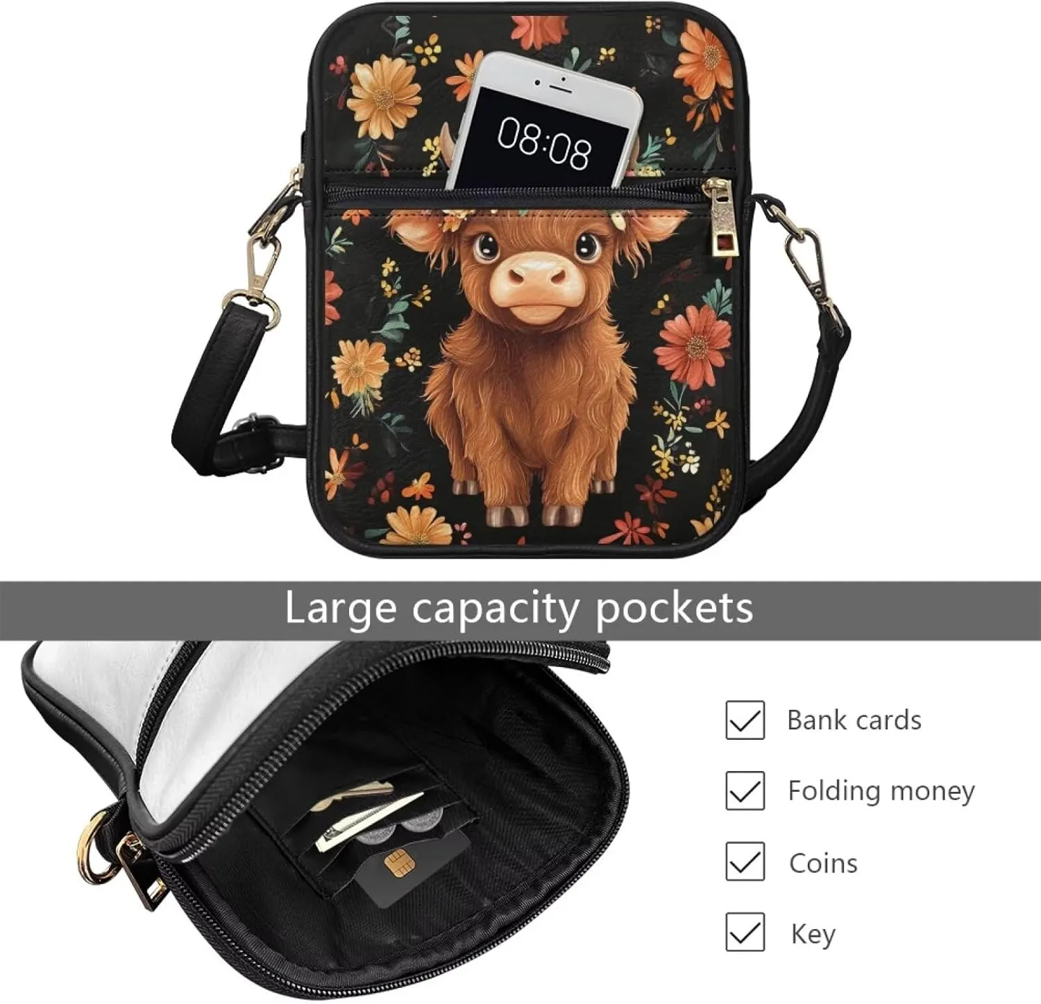 COEQINE Brown Messenger Bag for Women Cute Printed Leather Crossbody Bag Work Bag Vintage Multi-function